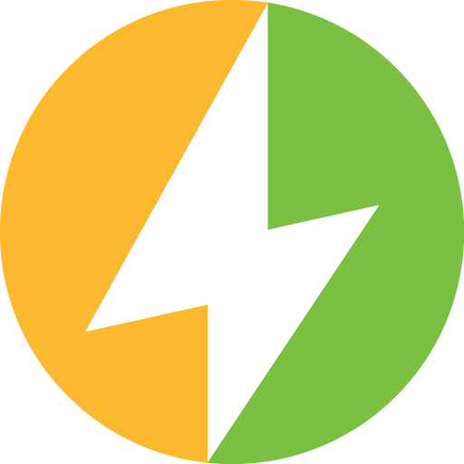 brand emblem with a lightning bolt between the colors orange and green, centered in perfect circle