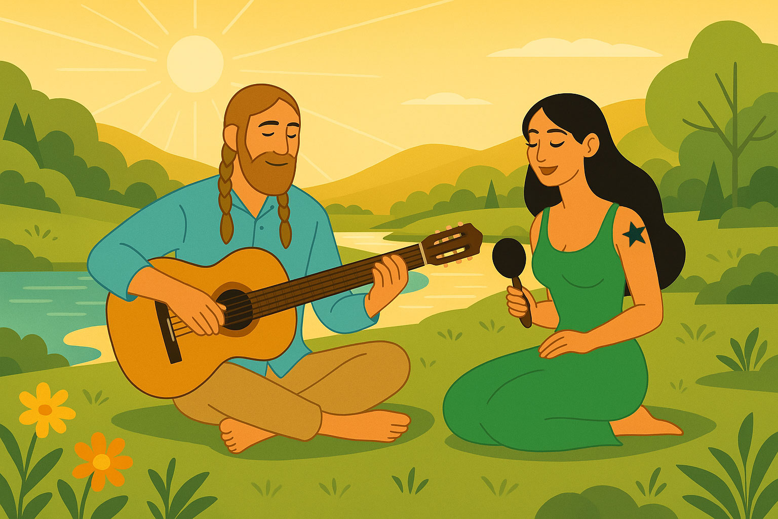 couple making music in nature, man with guitar woman with a maraca