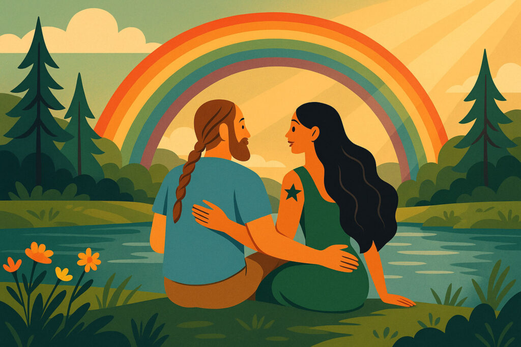 couple sitting by a river with a rainbow