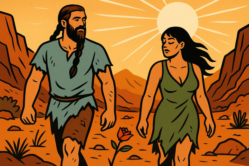moody man and woman walk in tattered clothes in a harsh red desert setting with a blazing sun
