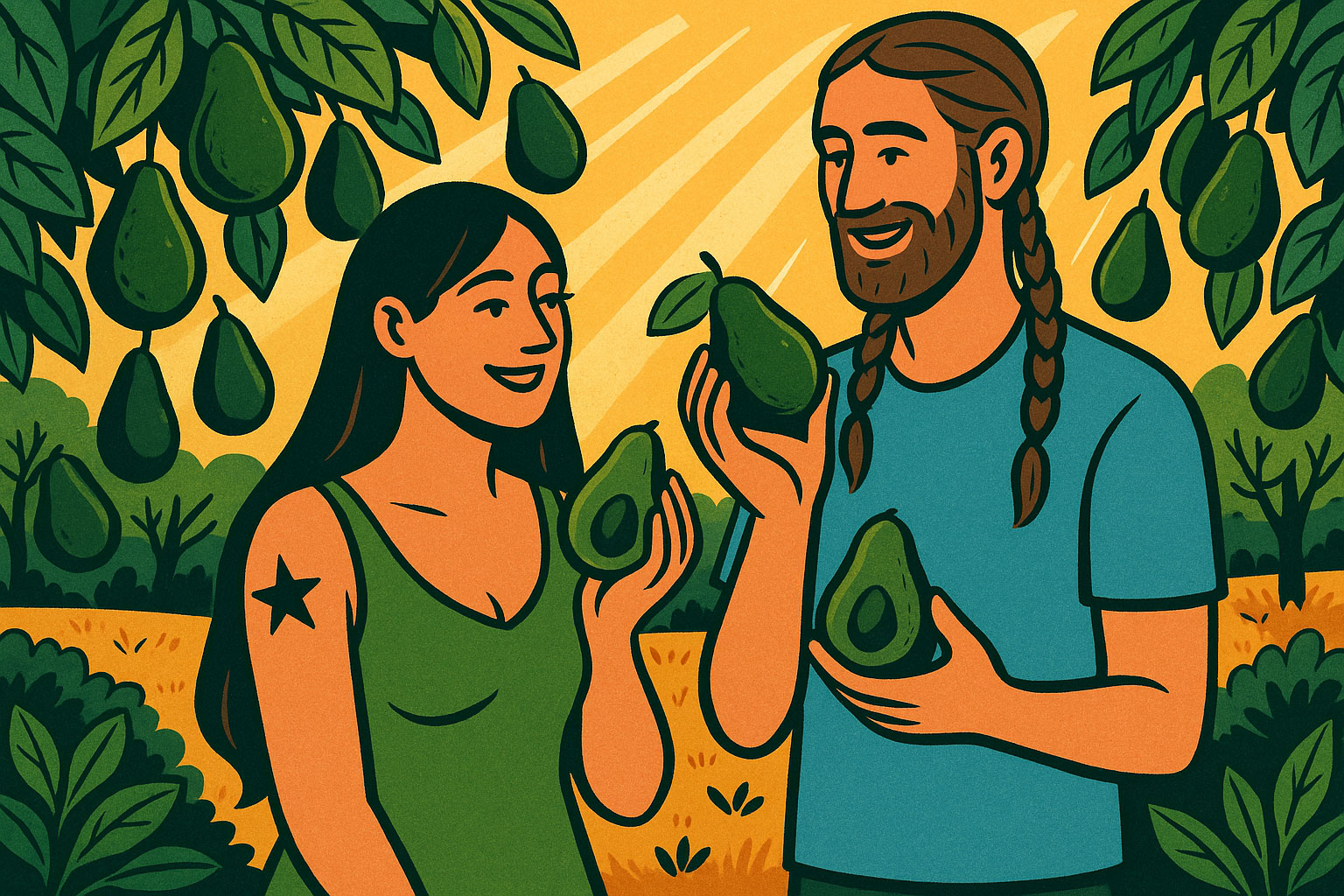 healthy man and woman enjoying avocados at an avocado farm