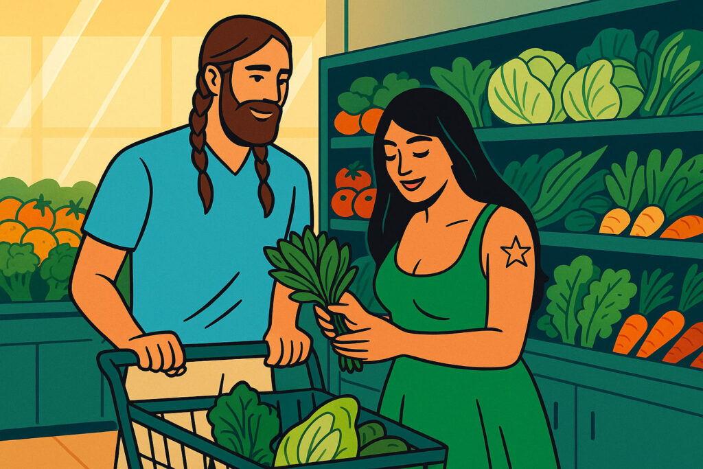 healthy couple selecting greens in a grocery store produce aisle