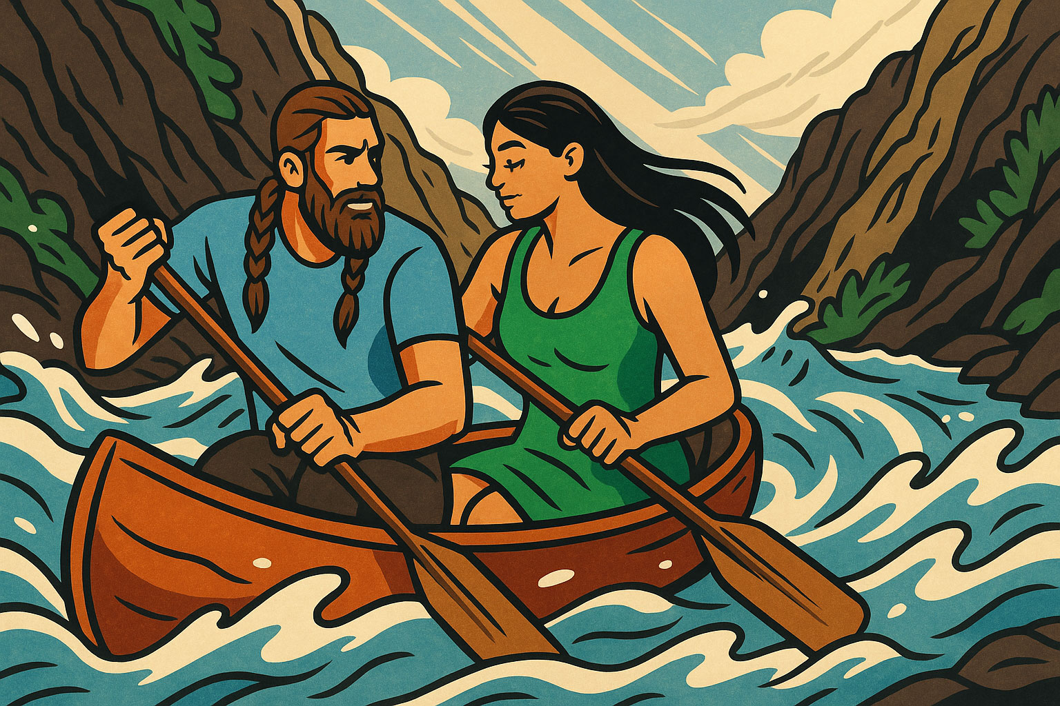 healthy couple riding in a canoe on a turbulent white water river in a rocky canyon