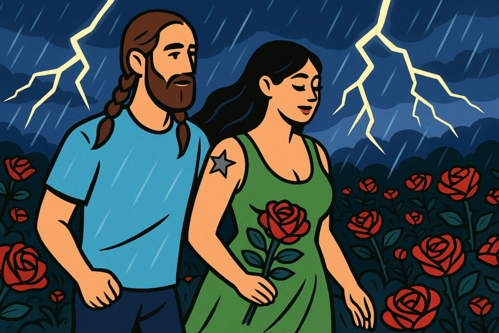 healthy couple walking in a stormy rose garden with lightning striking