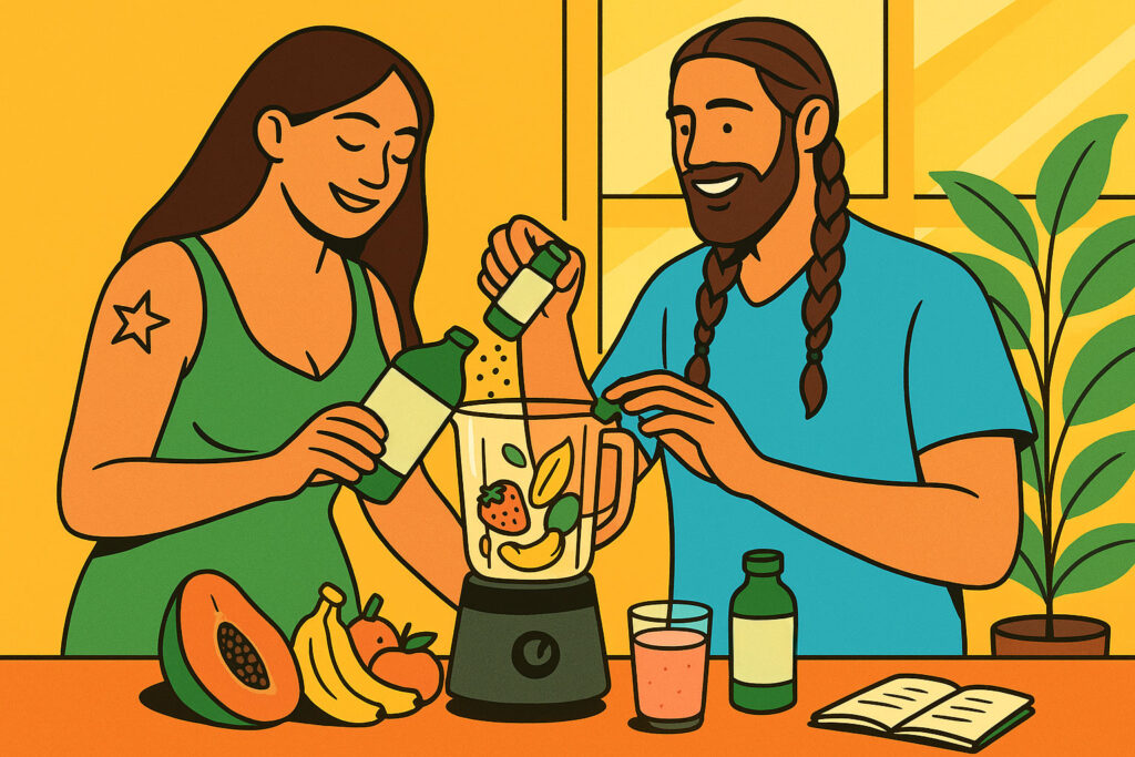 healthy man and woman mix fruits and superfoods supplements into a smoothie