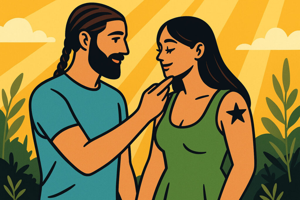 happy couple standing face to face in a lush natural setting