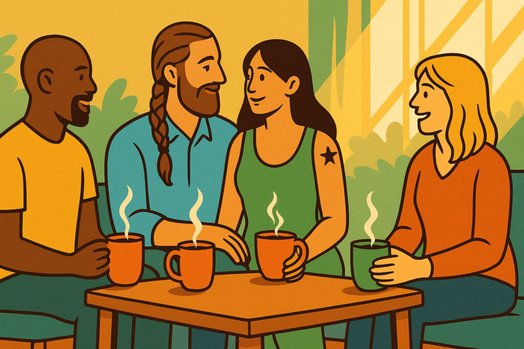 healthy people meeting in a tea house with steaming hot beverages drinking ginger tea for hormone health