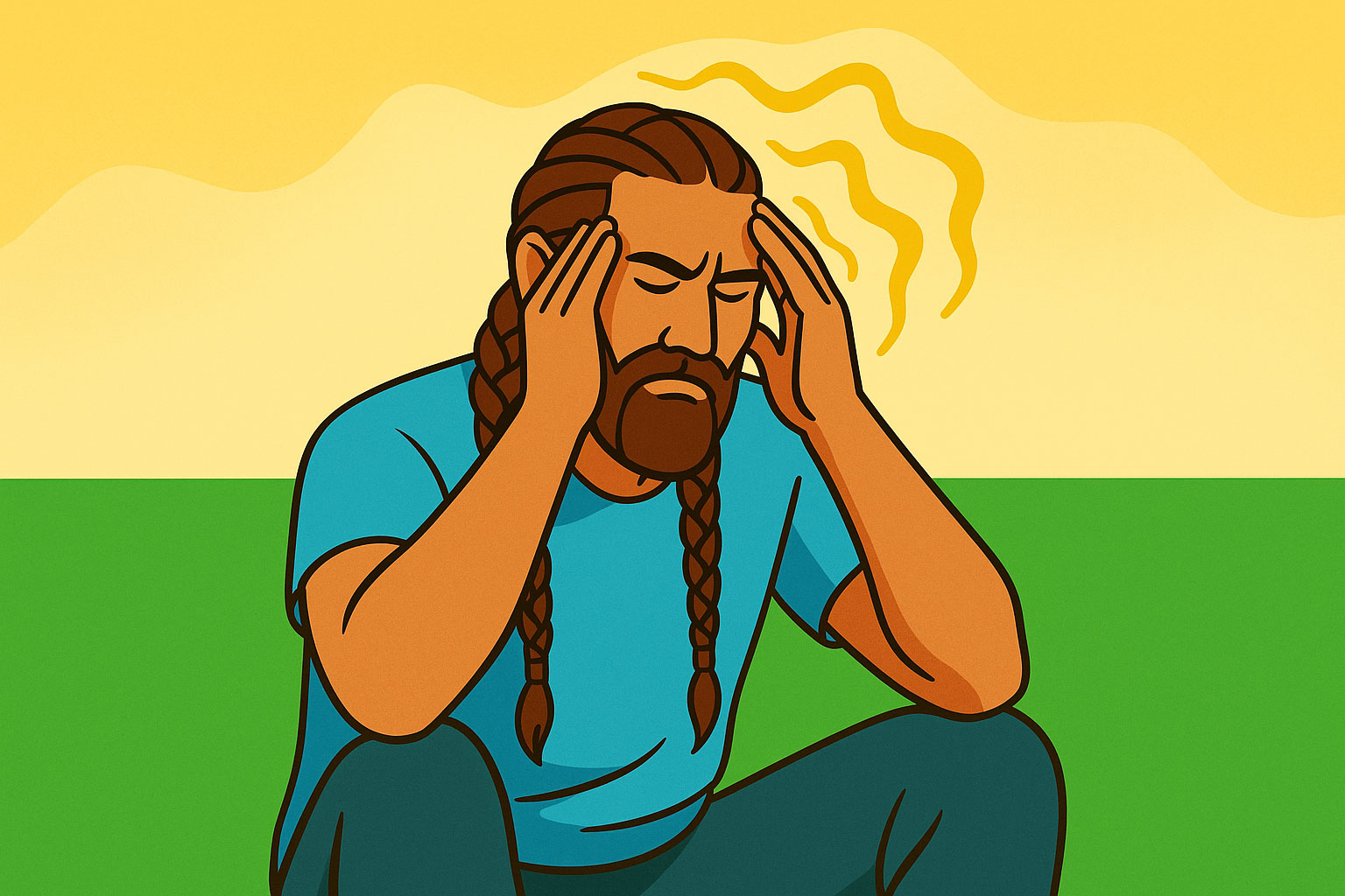man crouching down rubbing temples enduring a migraine headache