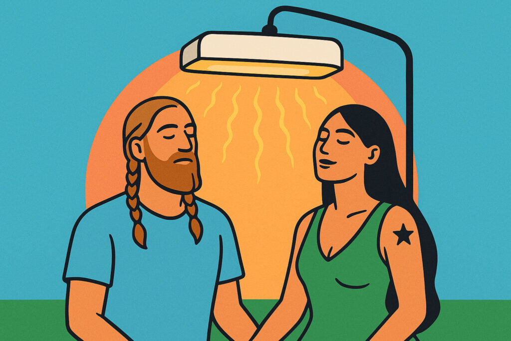 healthy man and woman bathe for therapy under an infrared light