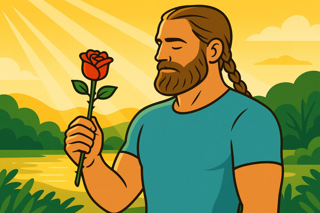 strong healthy handsome man holding a thorny rose