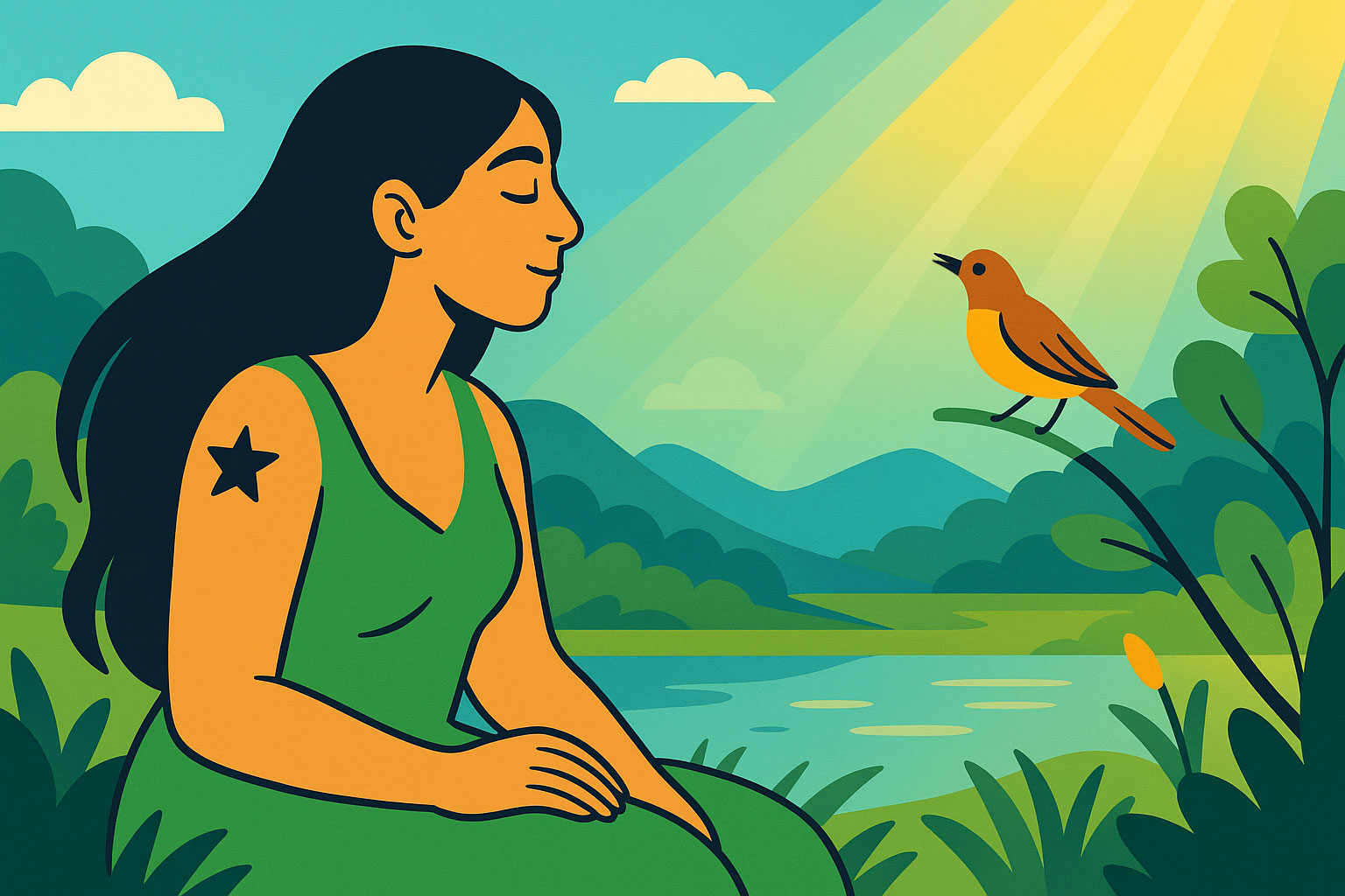 healthy woman listening to a singing songbird