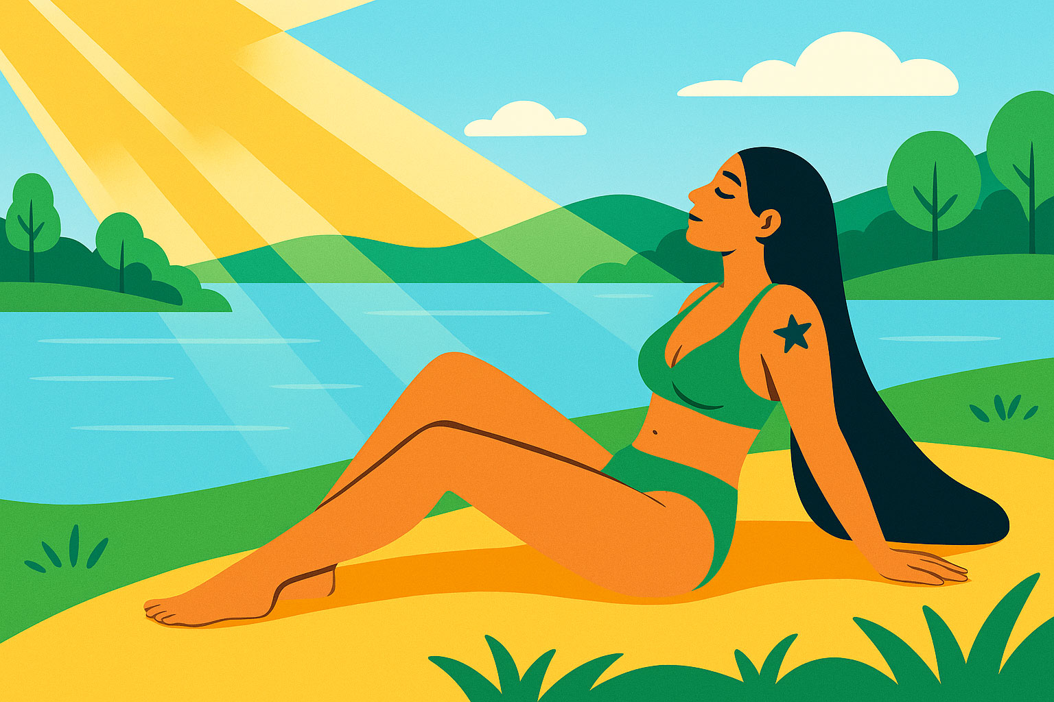 healthy woman sun tanning by a beautiful lake