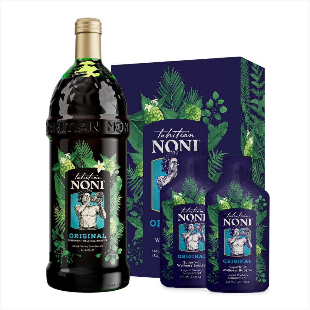 Tahitian Noni superfruit wellness booster in a bottle and sachet