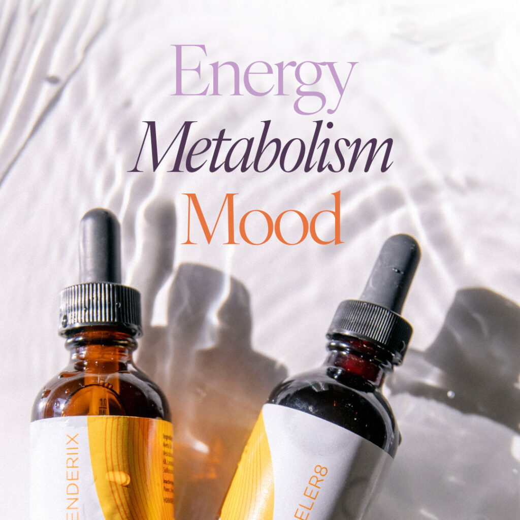 Slenderiiz and Xceler8 droppers for homeopathic weight management and metabolism support with the words: metabolism, energy, and mood