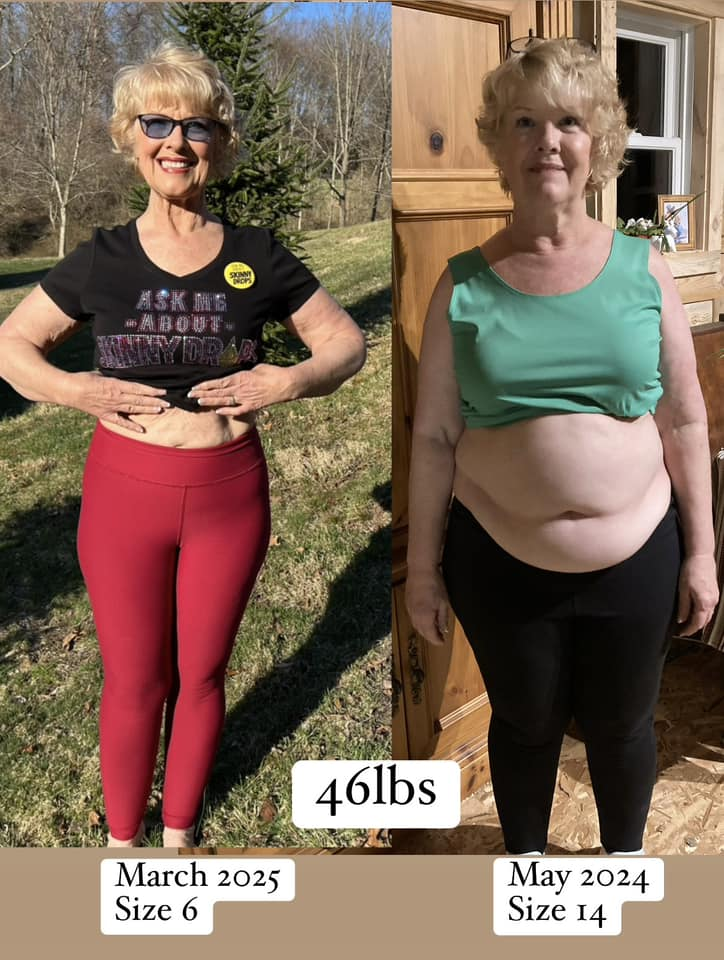 Barbara Mackubin's before and after photos show that she lost 46 pounds in under a year, from size 14 to size 6, thanks to the Skinny Drops