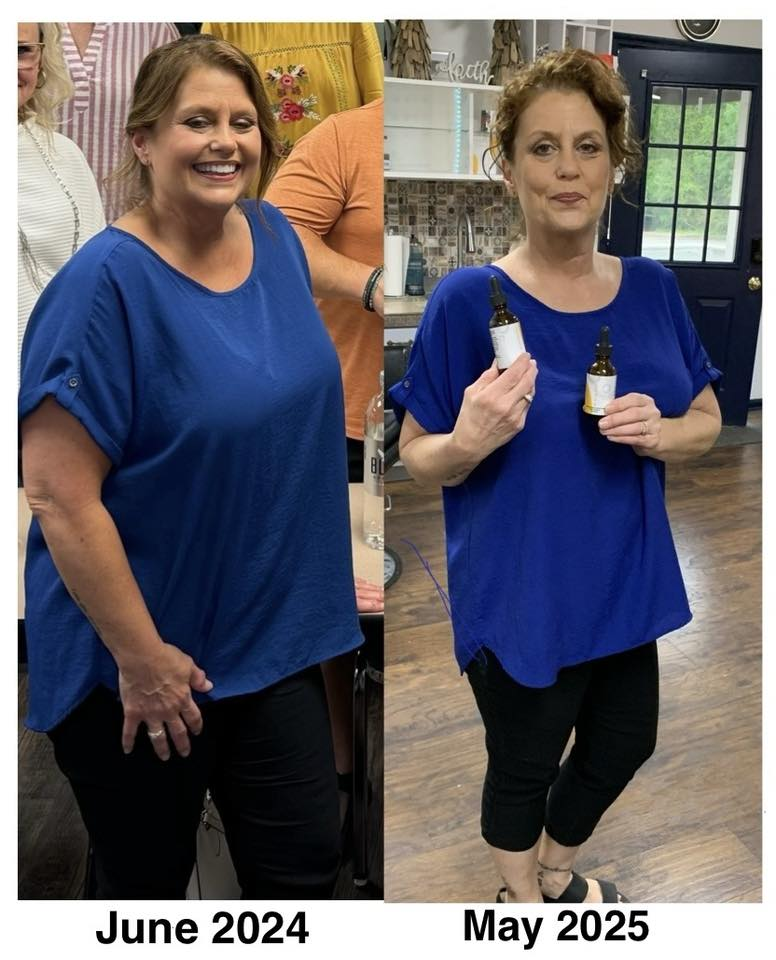 Kathy Holloway's before and after photos show noticeable weight loss with the Skinny Drops