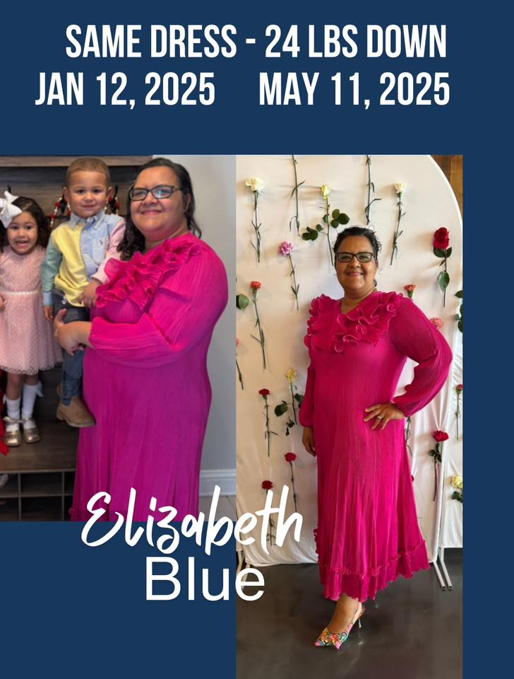Elizabeth Maynor-Blue's before and after photos show noticeable weight loss with the Skinny Drops, 24 lbs down