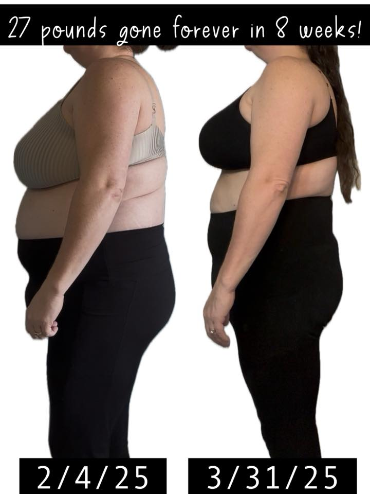 Jennifer Kile's before and after photos show noticeable weight loss of 27 lbs in 8 weeks thanks to the Skinny Drops