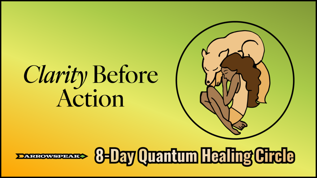 girl sleeping beside a wolf, hand-illustrated style, with the words: Clarity Before Action | 8-Day Quantum Healing Circle