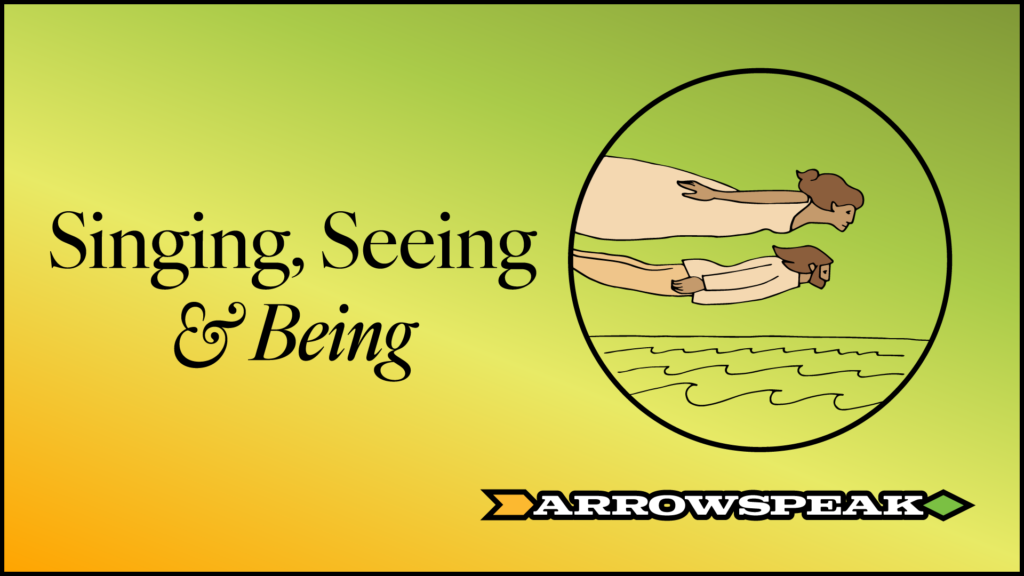 Singing, Seeing & Being illustrated by two people flying horizontally above an ocean, hand-illustrated art