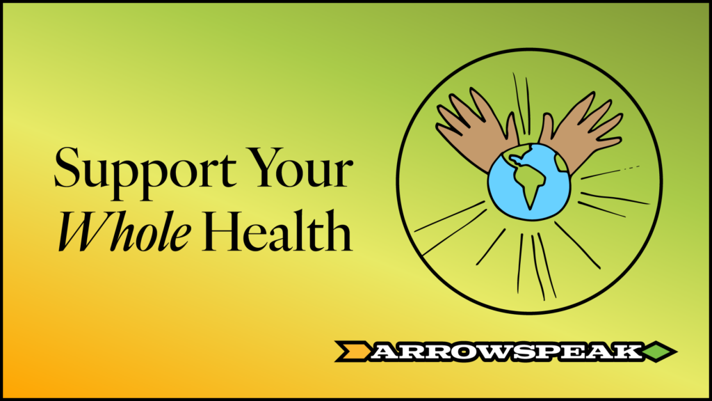 Support Your Whole Health illustrated by healing hands covering all the Earth, hand-illustrated art